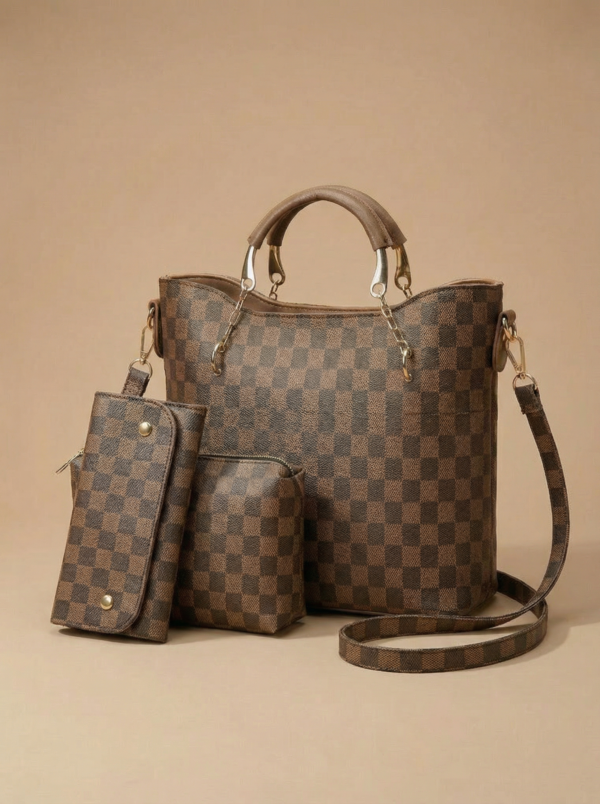 Checkered Tote Handbag – Brown